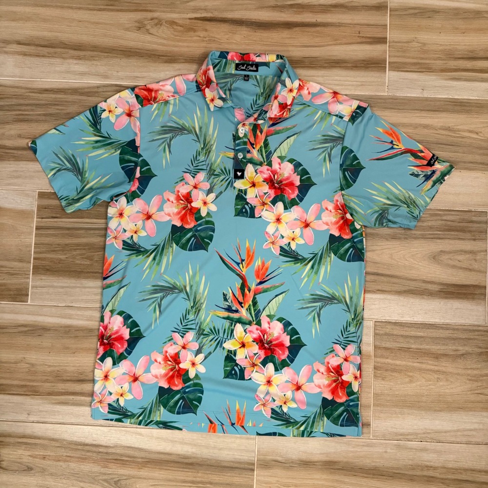 Bad Birdie Mens Tropical Floral Golf Polo Shirt Blue Hibiscus Large